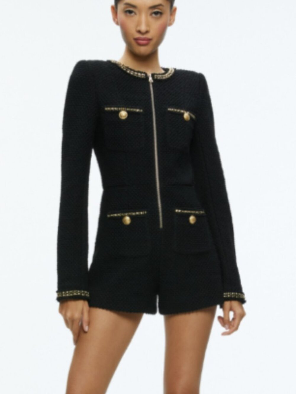 Alice +‎ Olivia Shiloh Black Tweed Studded Zip Front Romper Gold Button 6